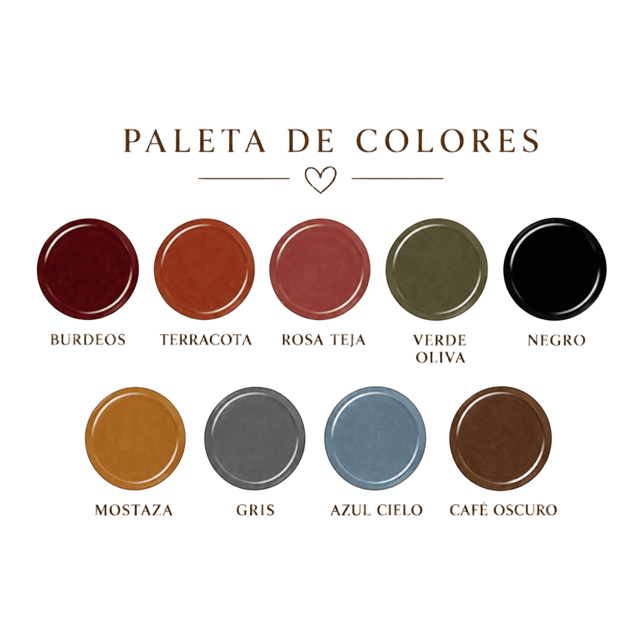 Paleta de colores: burdeos, terracota, rosa teja, verde oliva, negro, mostaza, gris, azul cielo, café oscuro
